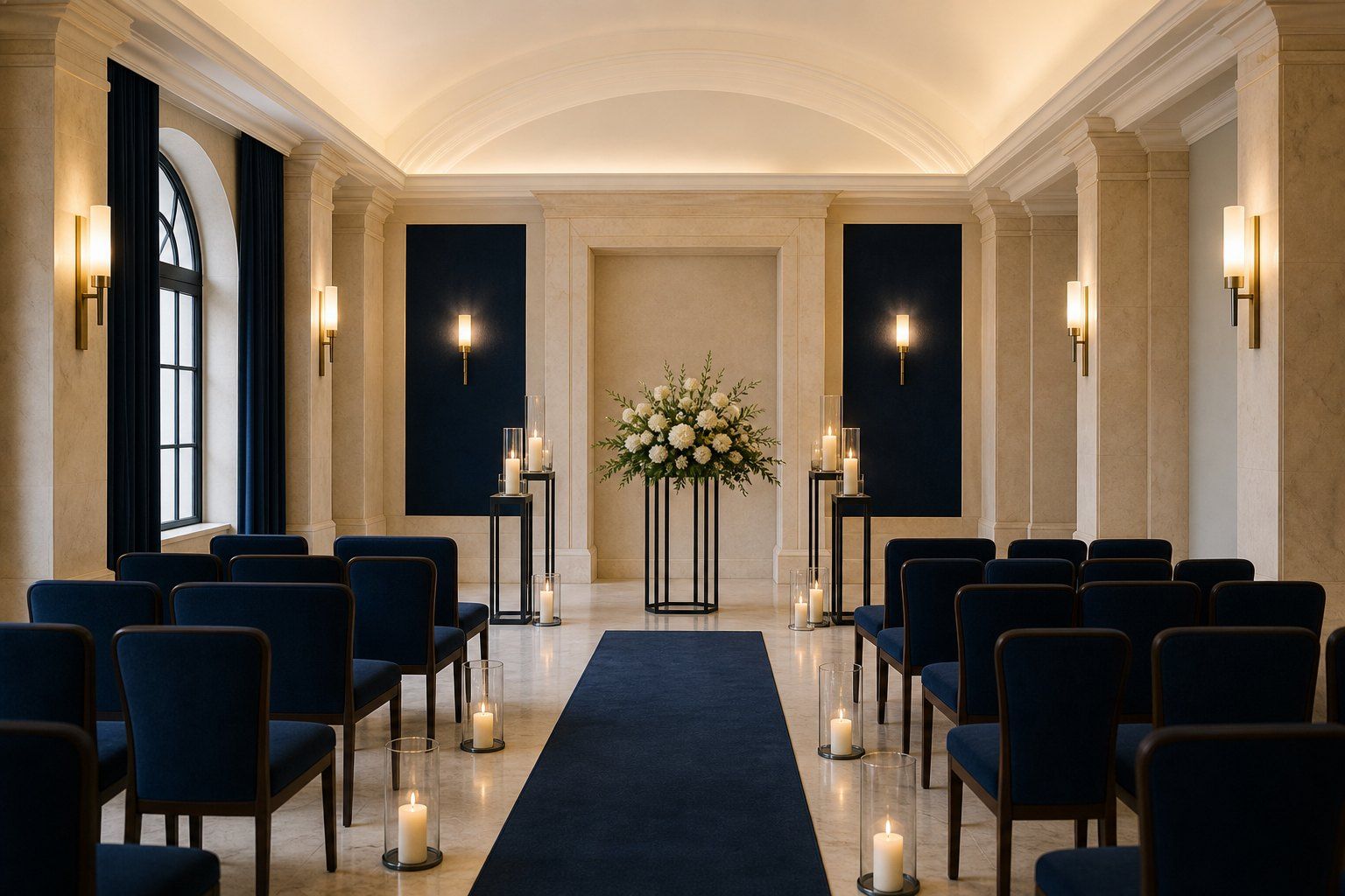 Salle de cérémonie sobre avec fleurs blanches